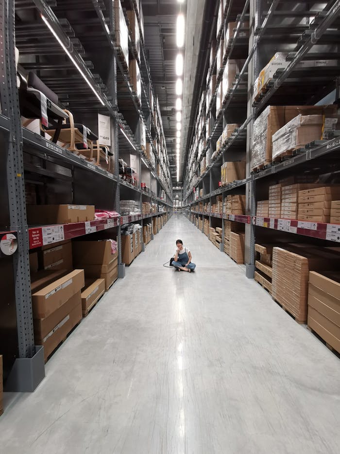 An Asian woman sits in a large warehouse aisle filled with inventory racks and shelves.
